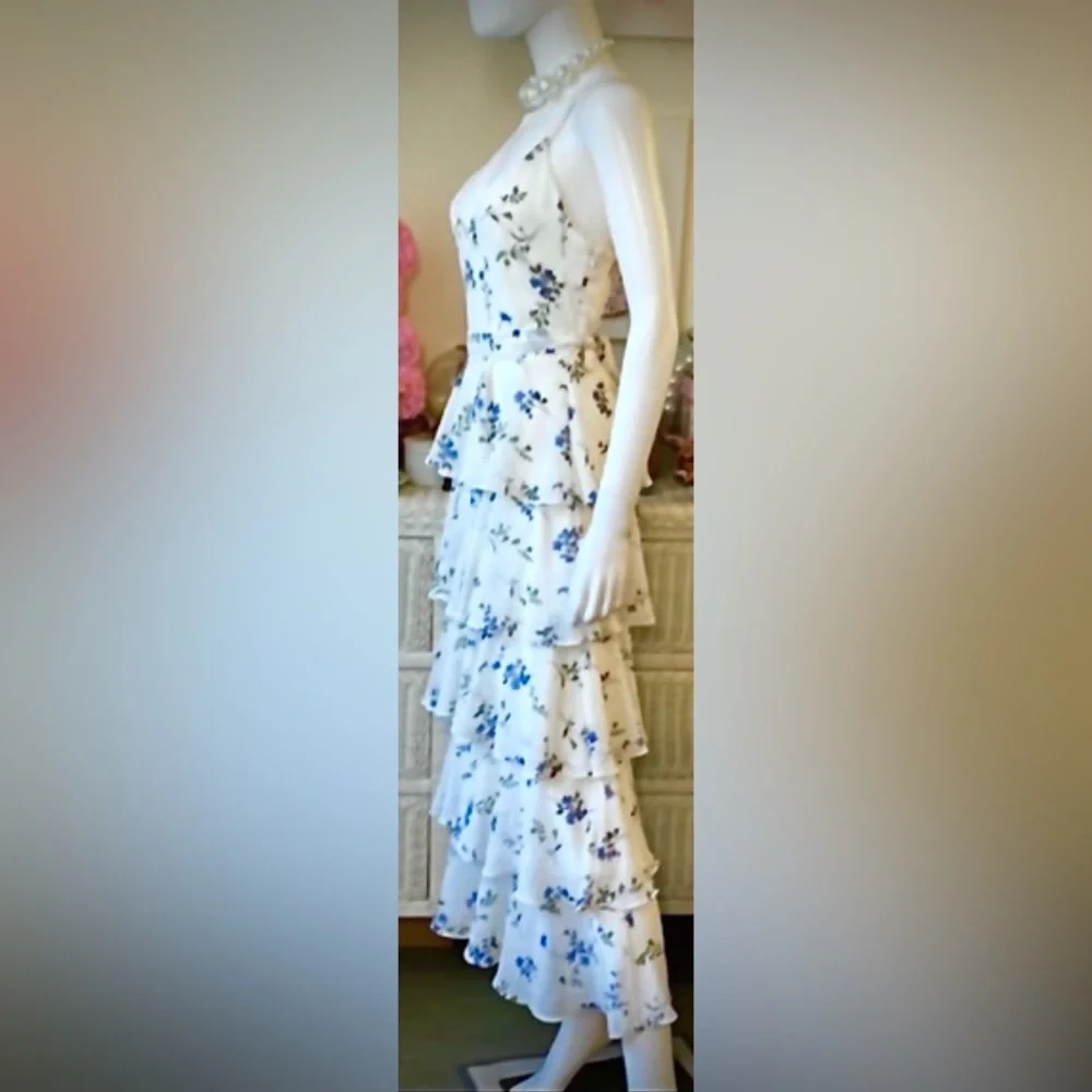 Jay Godfrey Hader Midi Dress Low Cut Tiered Lavender Blue Floral on White size 2 - Picture 5 of 7